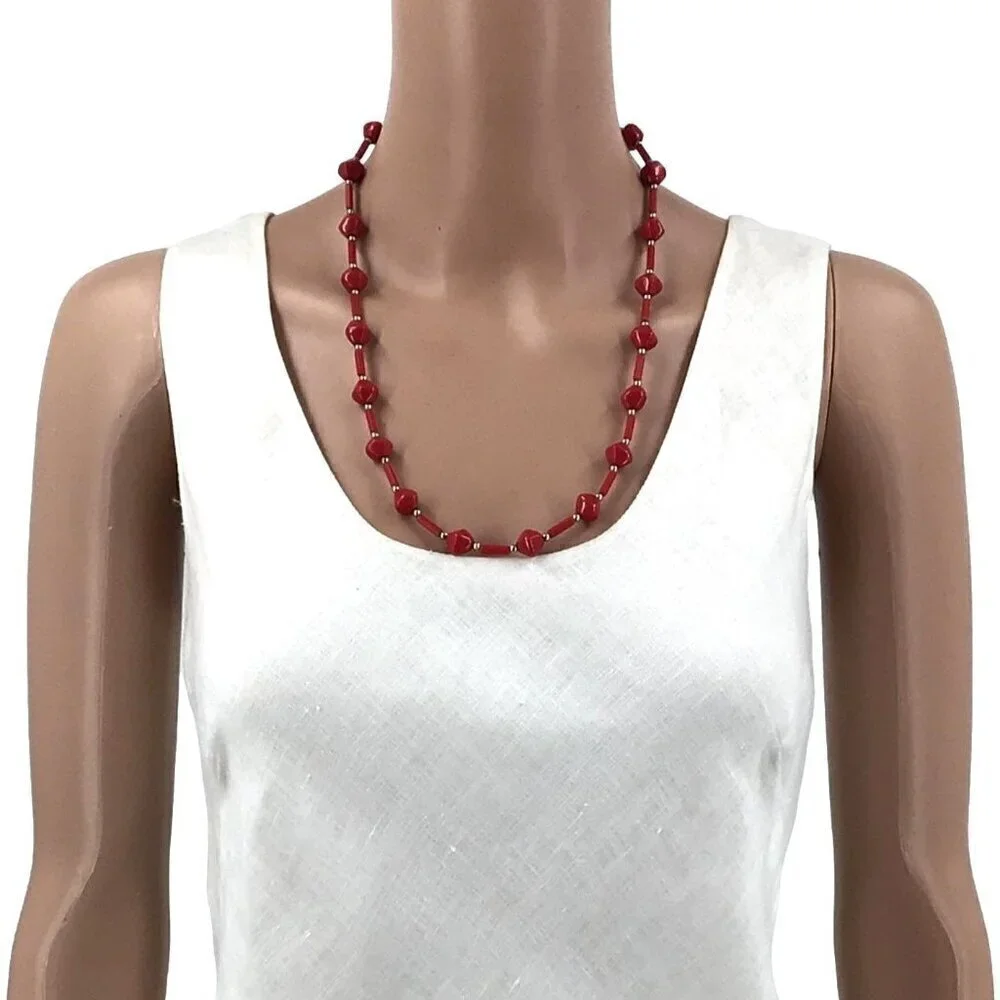 Necklace Red Silver Tone Spacers 24 Inch Length